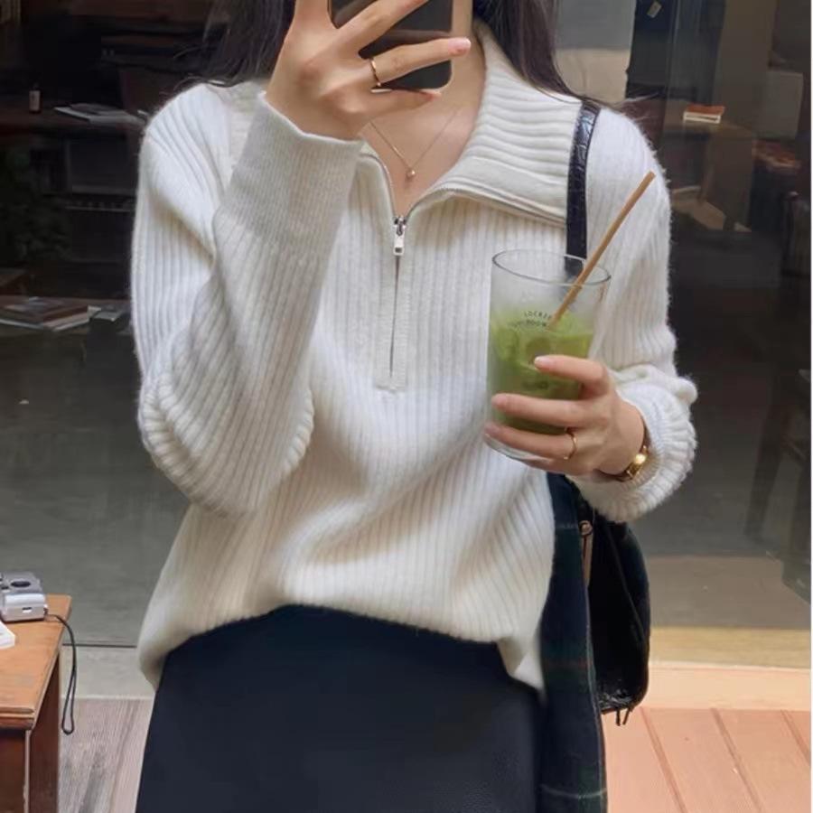 Korean Half-Zip Long-Sleeve Pullover Sweater for Women - 2026 Autumn/Winter Collection: Loose, Casual Knitwear