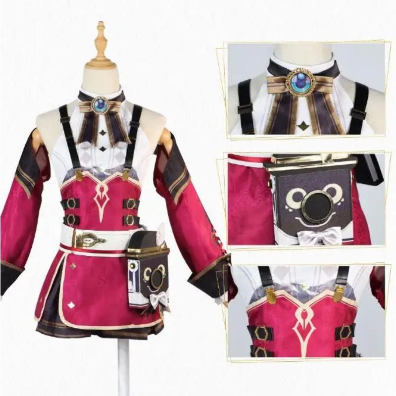 Genshin Impact Charlotte Cosplay Costume Wig Hat Glasses Red Dress Gloves Steambird Journalist Fontaine Girls Women