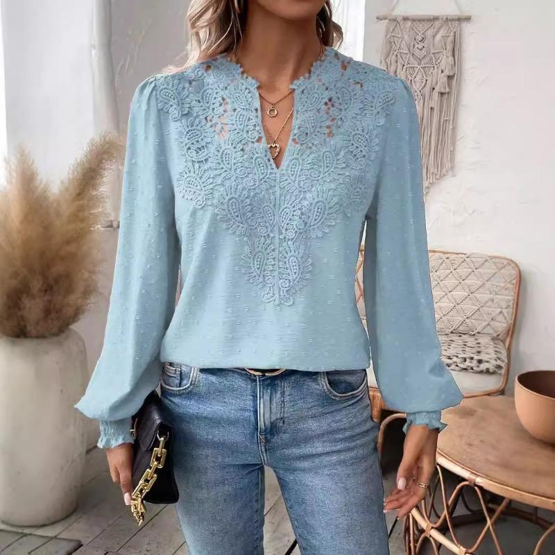Mote Ny V-hals Blonder Patchwork Langermet Casual Skjorte Dame Topper Elegant Slim Fit Hul Løs Bluser Dame Vintage Street Hvite Skjorter 26625