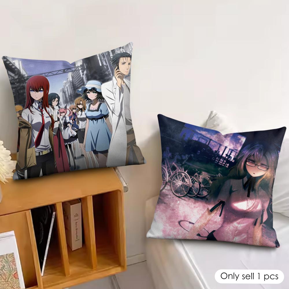 S-Steins Gate Anime Cushion Cover Silky Short Plush Invisible Zipper Dustproof Sofa Pillow Case For Home Decor