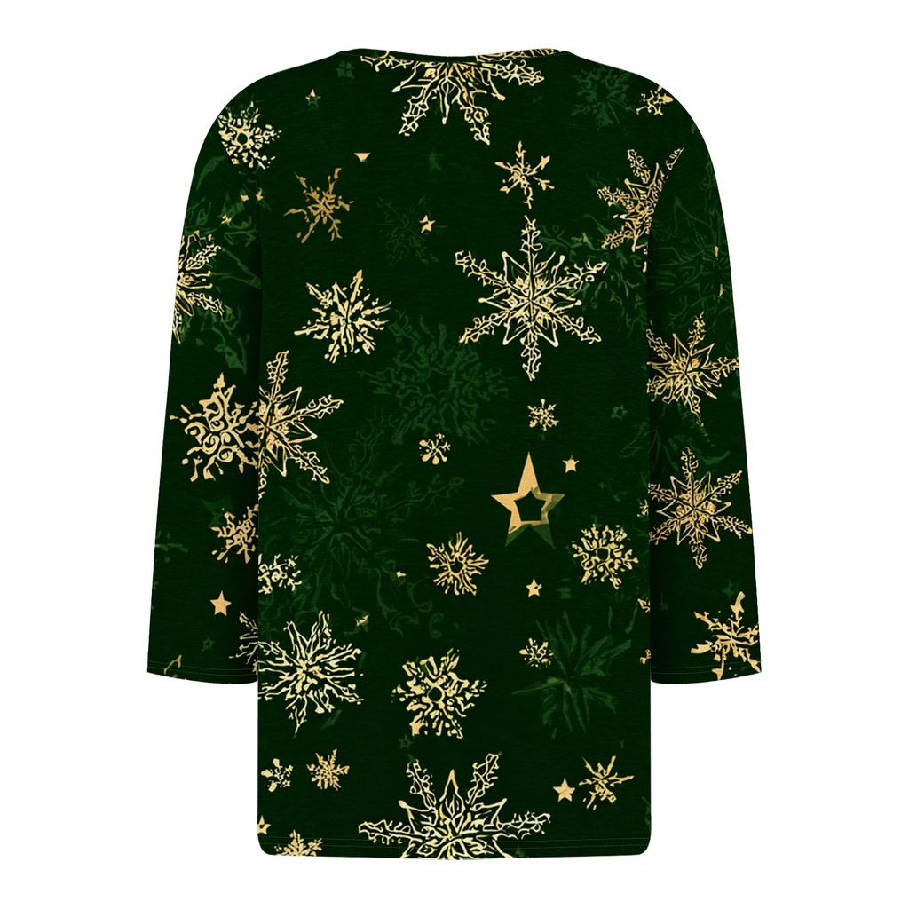 Dámský ležérní módní top s výstřihem do V, volný, všestranný, s vánočním potiskem, tříčtvrteční rukáv