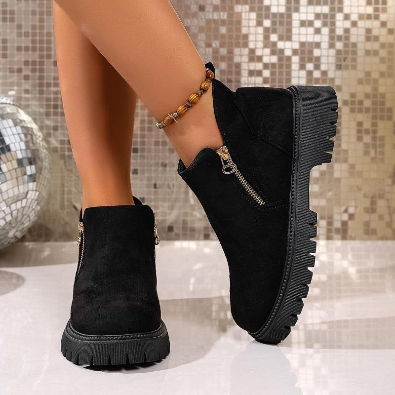 Fashion Stylish Side Zip Platform Single Shoes Autumn New Round Toe Suede Anti-slip Wear-resistant Short-thigh Boots