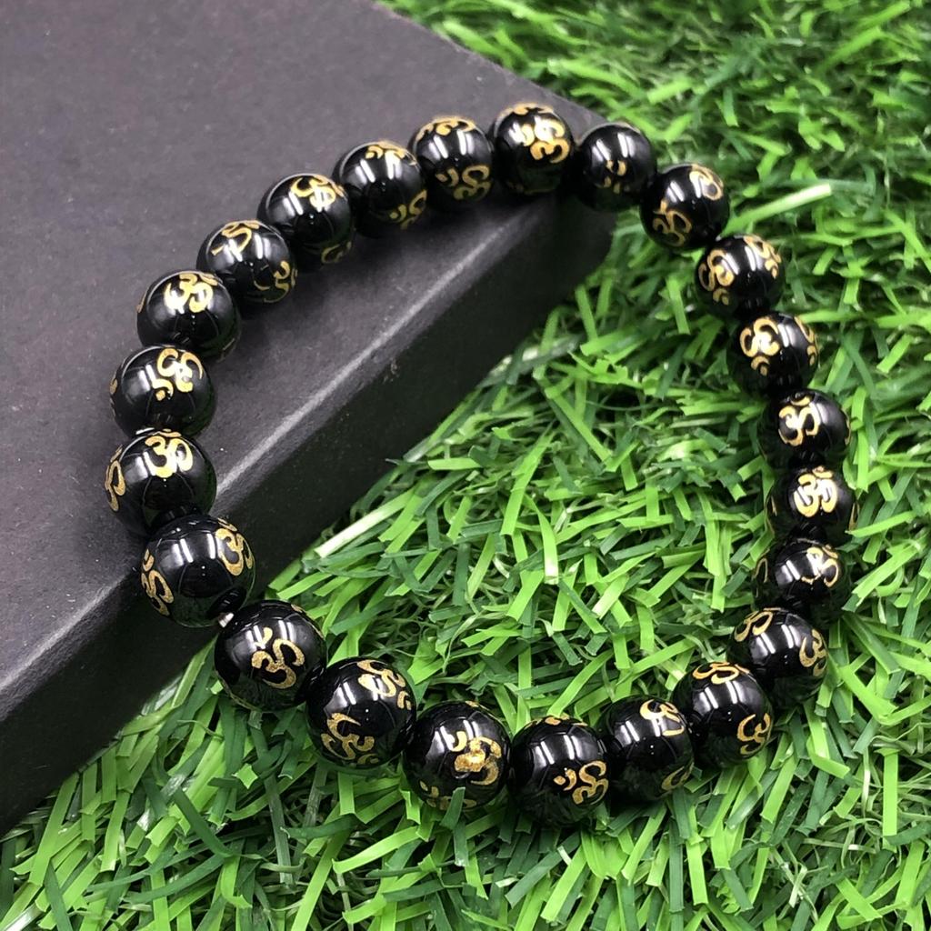 8mm Natürlicher Schwarzer Onyx OM Edelstein Perlen Armband 7.5" Runde OM Perlen Schmuck Geschenk Für Sie/Ihn RBB-20