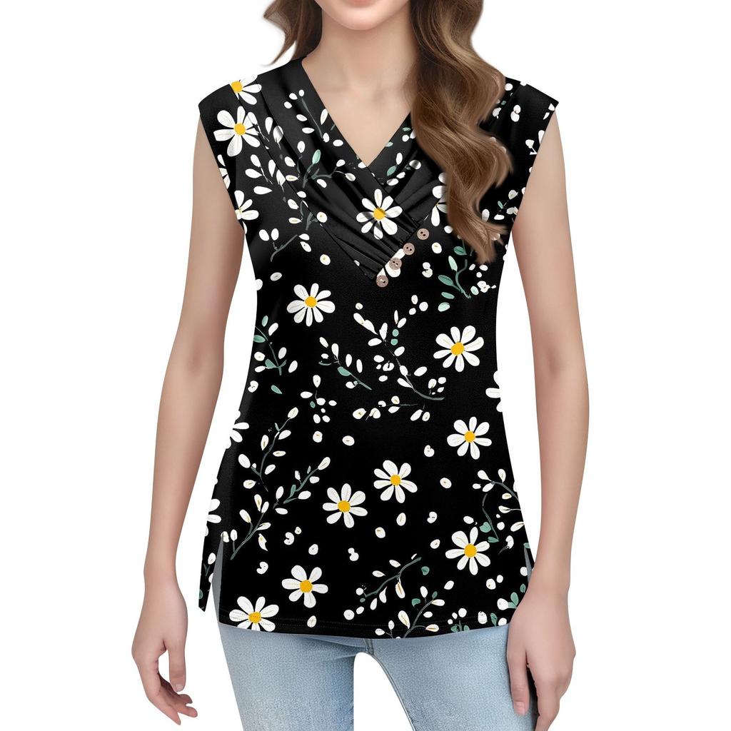 Maiou de damă cu imprimeu, cu nasturi, cu gât în V, fără mâneci, larg, top la modă