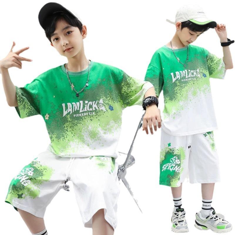 Boys Loose Casual Sets Summer Teen Gradient T-shirts+Shorts 2Pcs Big Kids Sport Short Sleeve Clothes Suits Children Print Outfit