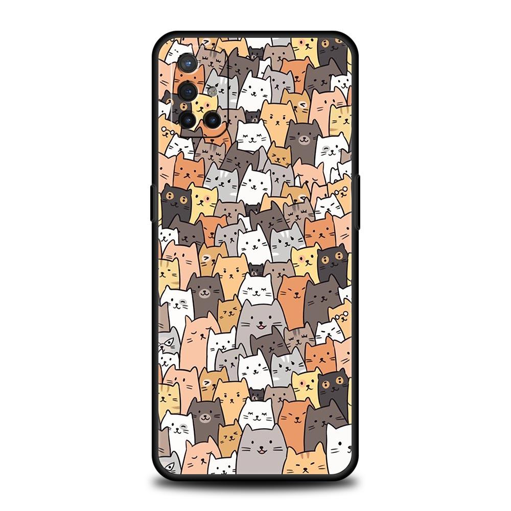 Cartoon Cats Background For OnePlus 10 Pro 9 8T 8 Nord N10 7 7T 9R Phone Case For 1+ Nord 2T CE 2 N100 N200 Z 5G Black Cover