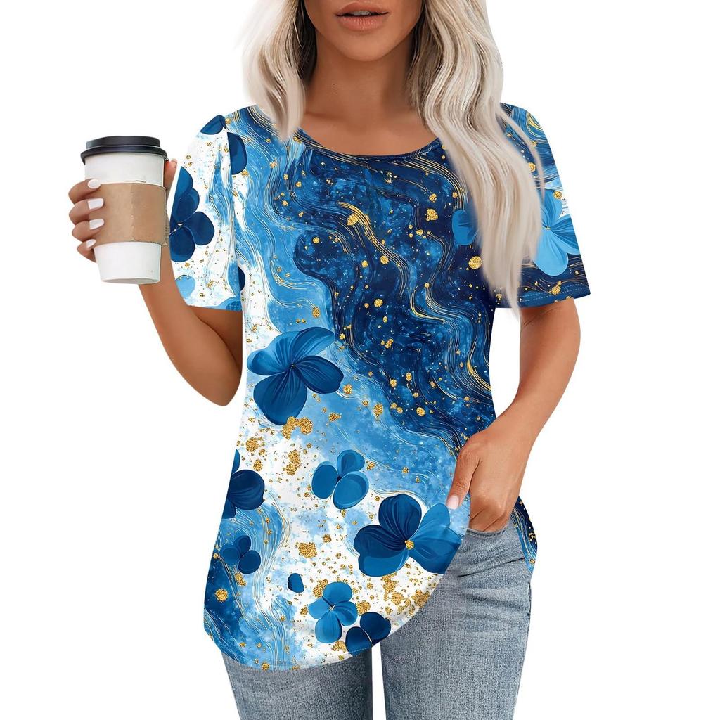 Women's Casual Short Sleeve Floral Button 3D Print Round Neckr Top T-Shirt
