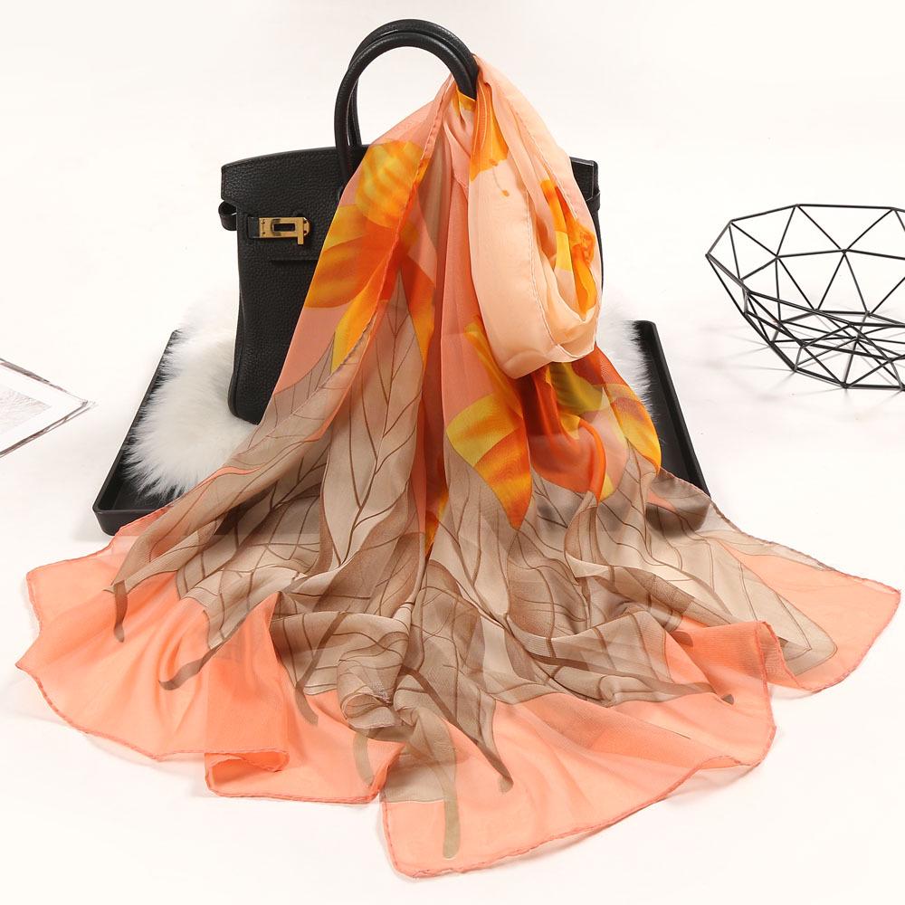 Chiffon Lotus Print Long Scarf - Lightweight, Thin Spring/Autumn Silk Accessory for Middle-Aged & Elderly