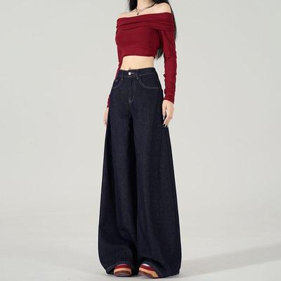 2024 Spring/Autumn Women's Retro High-Waisted Dark Blue Wide-Leg Jeans