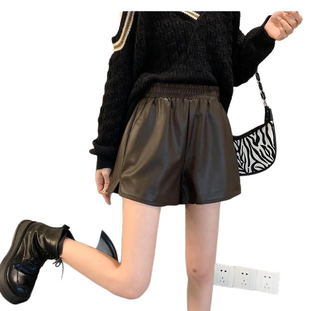 Women's PU Leather High Waist Wide-Leg Shorts - Plus Size, Slimming Fashion for Autumn/Winter 2025