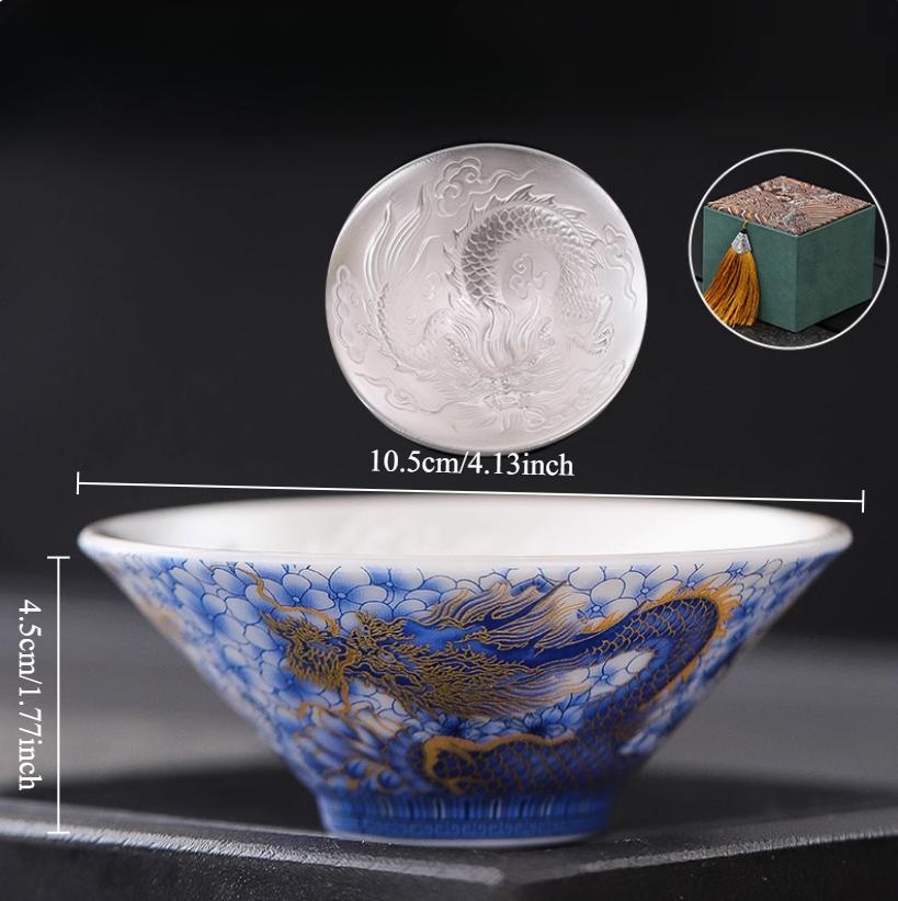

Exquisite enamel gilded silver dragon patterned tea cup 1pcs Ceramic Tea Bowl Home Pu er Master Cup Handmade Porcelain Tea Set 200ml