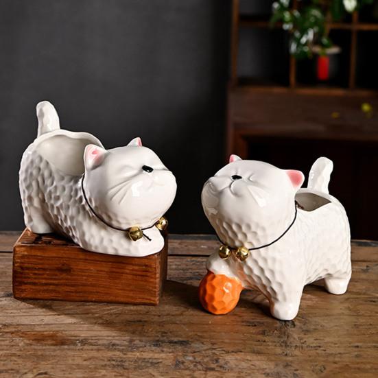Ceramic Animal Plant Pot Cute Kitty Flowerpot with Drainage Hole Decorative Sheep Pig Planter for Succulents Home Room Office Desk Decor