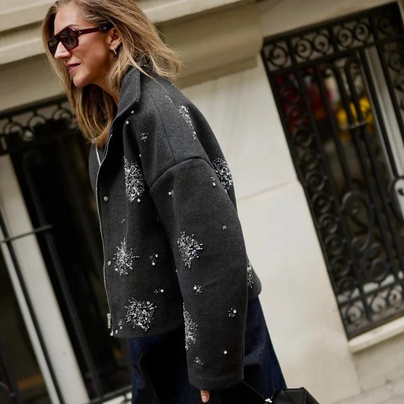 Abrigo Casual de Mujer Holgado con Bordados y Abalorios, Cuello de Solapa, Manga Murciélago, Chaqueta de Mezcla de Lana, Ropa Exterior de Primavera para Dama
