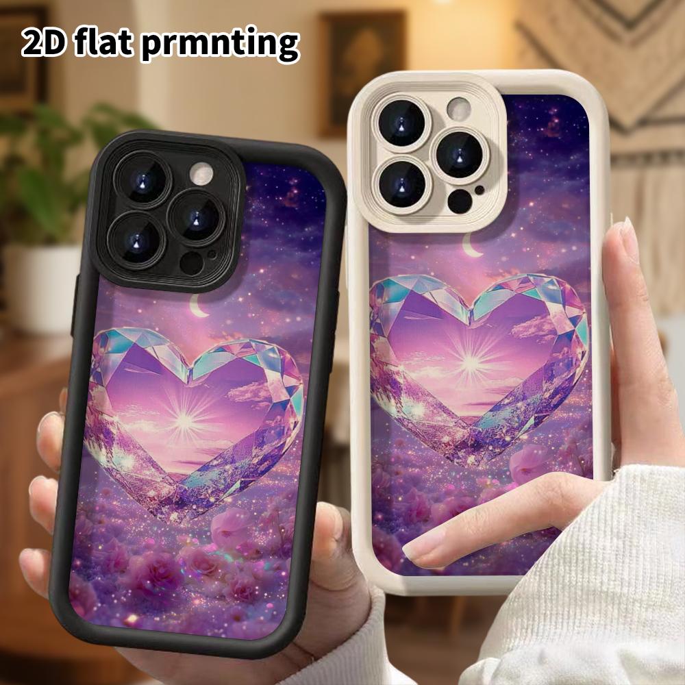 Phone Case: 2D flat design suitable for iPhone 18 17 16 15 14 13 Pro step protection case, heart-shaped crystal gems, Christmas and Halloween gifts