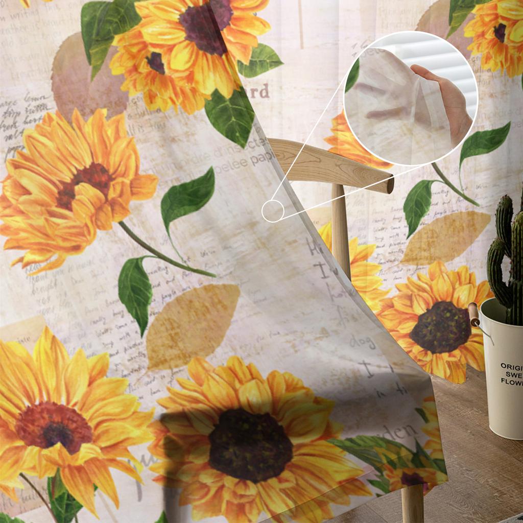 Sunflowers Vintage Newspaper Curtain For Living Room Transparent Tulle Curtains Window Sheer For The Bedroom Accessories Decor