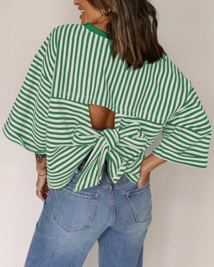 Top de Rayas para Mujer de Corte Holgado con Mangas 3/4, Lazo en la Espalda y Detalles de Encaje