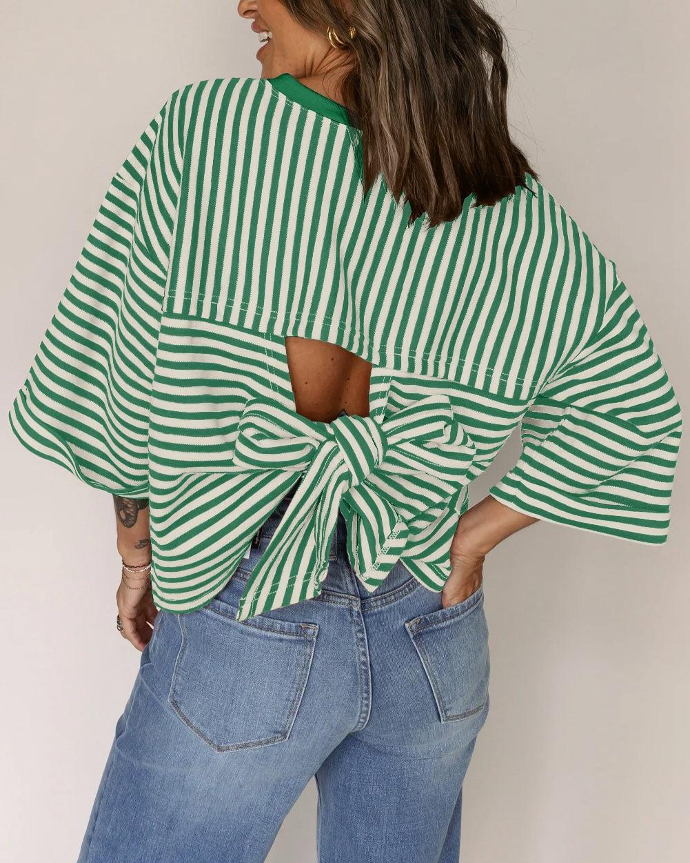 

Women s Loose Fit 3/4 Sleeve Stripe Top with Back Bow Tie and Lace-Up Details M зелений