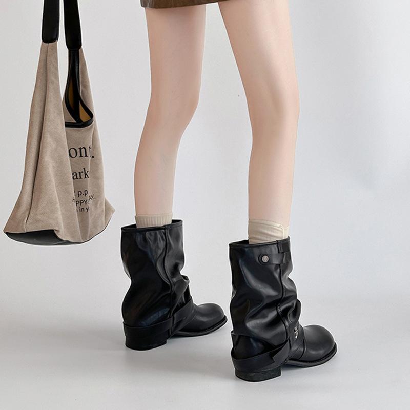 Fashion belt buckle pleated loose stacking boots autumn and winter design sense retro thick heel locomotive women's fashion boots short boots