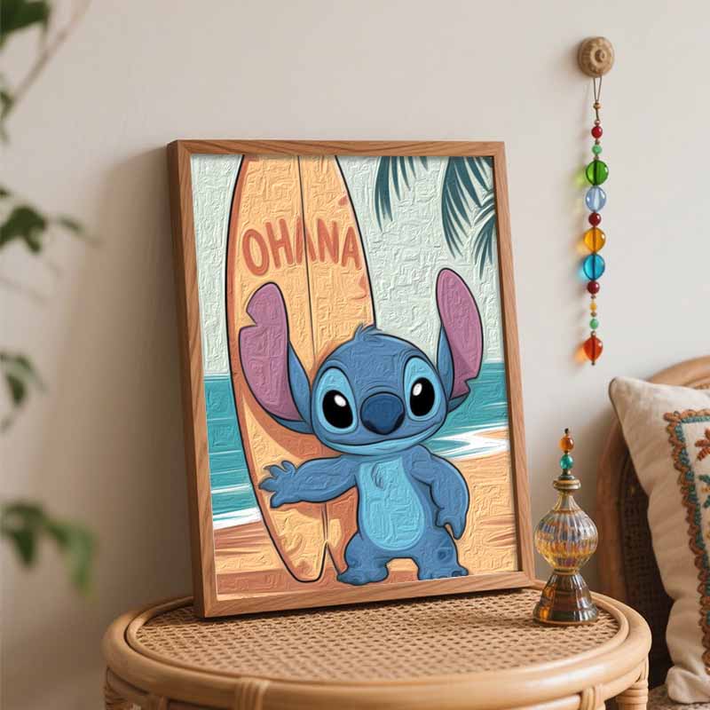 Disney Oil Painting DIY Digital Painting Stitch with Surfboard Tropical Beach Wall Art for Living Room and Entryway Decor.