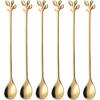 AnSaw 6-Piece Elegant Gold Leaf Long Handle Teaspoons - 7.4" Stainless Steel Stir Spoons for Coffee & Tea, Perfect for Mixing & Stirring