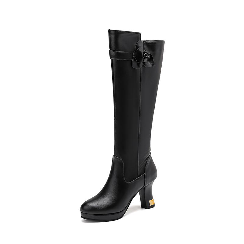 

Round Headed Platform Ultra-High Thick Heel Side Zipper Breathable Autumn New Knee High Boots Flower Decal Office Knight Boots 34 чорний