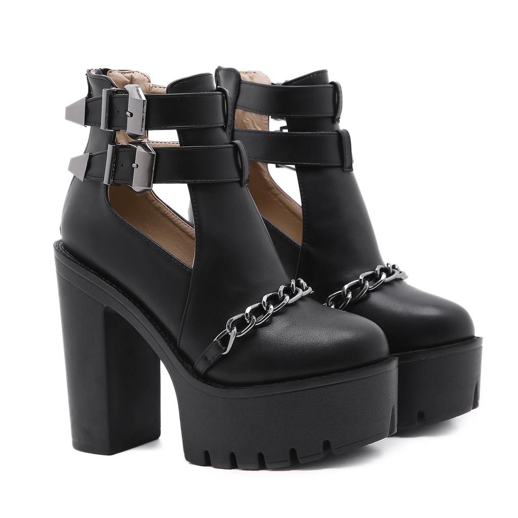 Fashion Gothic Buckle Strap Ankle Boots Women Faux Leather Platform Block Chunky Heels Chain Ultra High Heels Motorcycle Boots