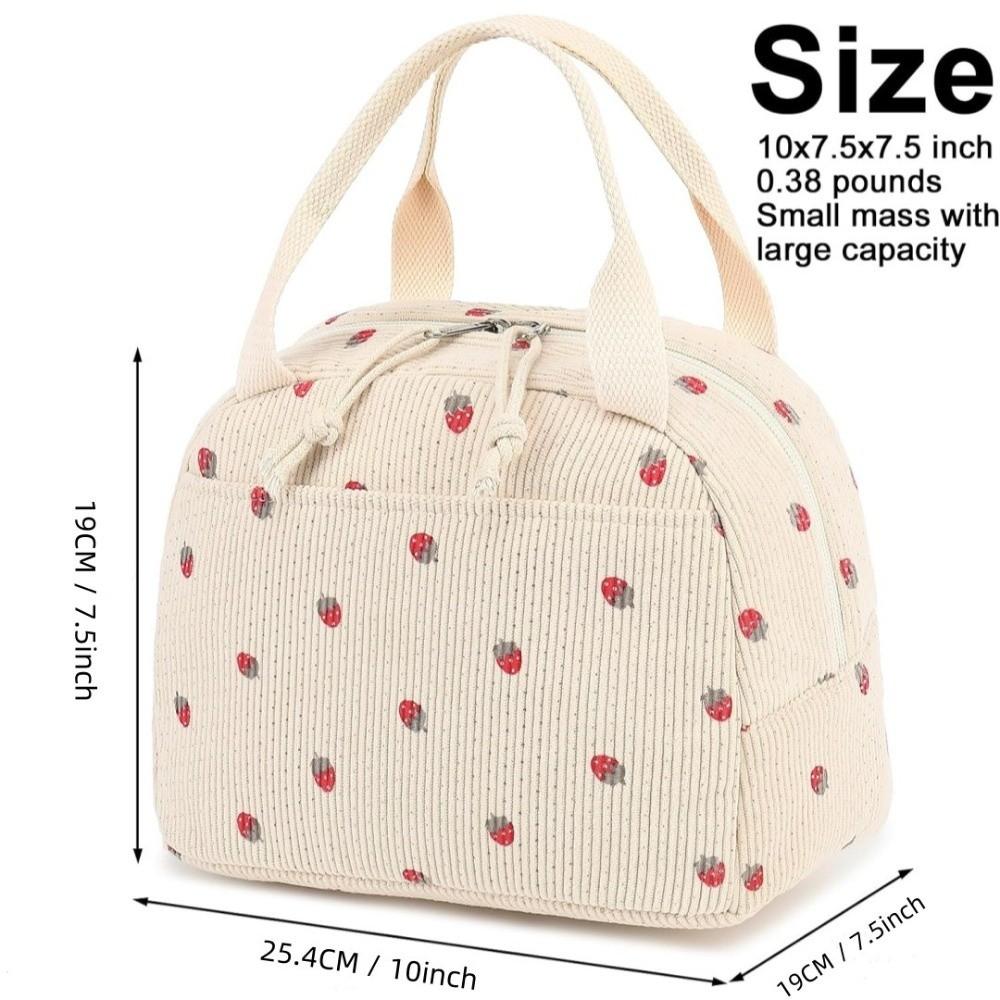 Cute Corduroy Lunch Bag Strawberry Pattern Insulated Design Picnic Tote Bags Large Capacity Reusable Food Pouch for Work Travel