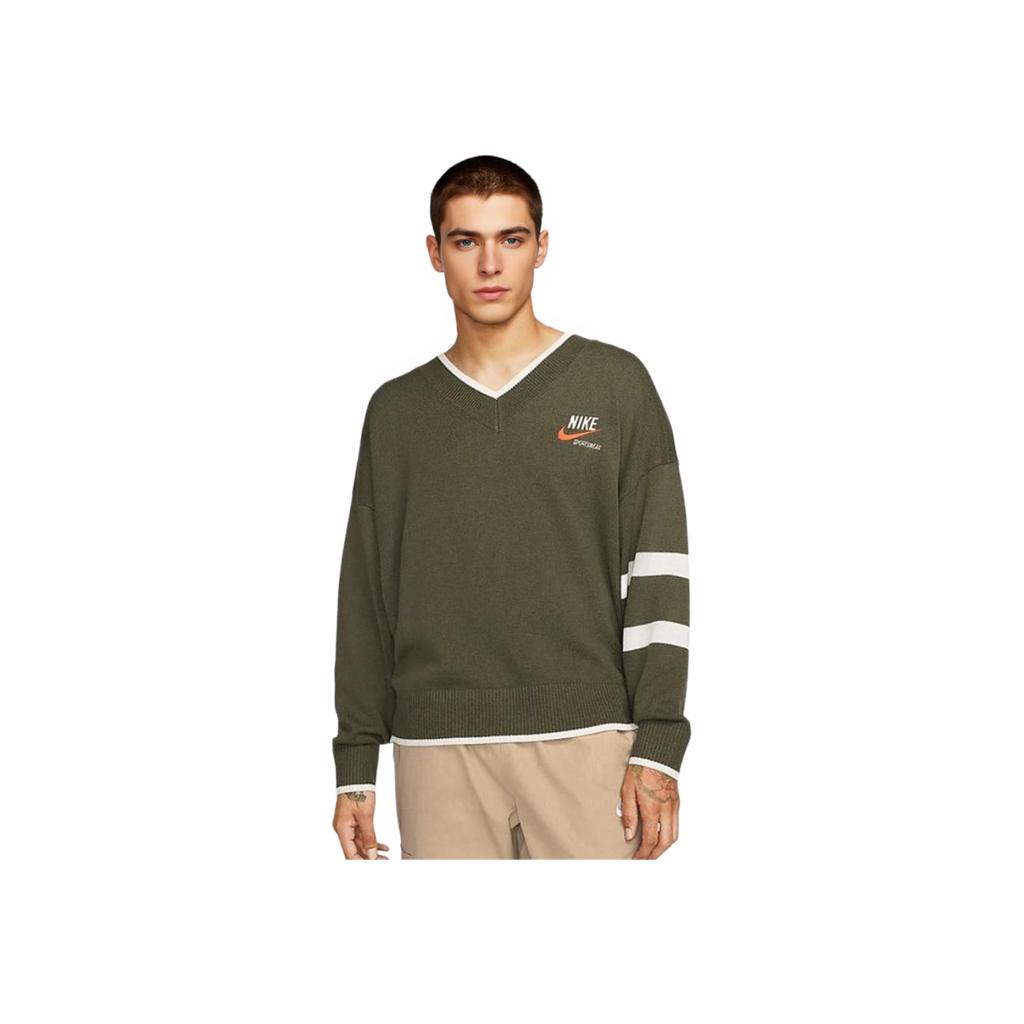 Nike Sportswear Trend Striped Print V-Neck Pullover Sweater Men Tops Utility-Khaki DX0009-325