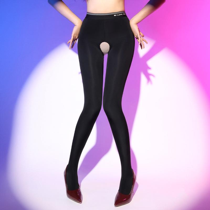 Winter Glossy Tights with Fleece Sexy Open Crotch Pantyhose, Letter Waist, Slimming Bare Leg Artifact, Women's Stockings