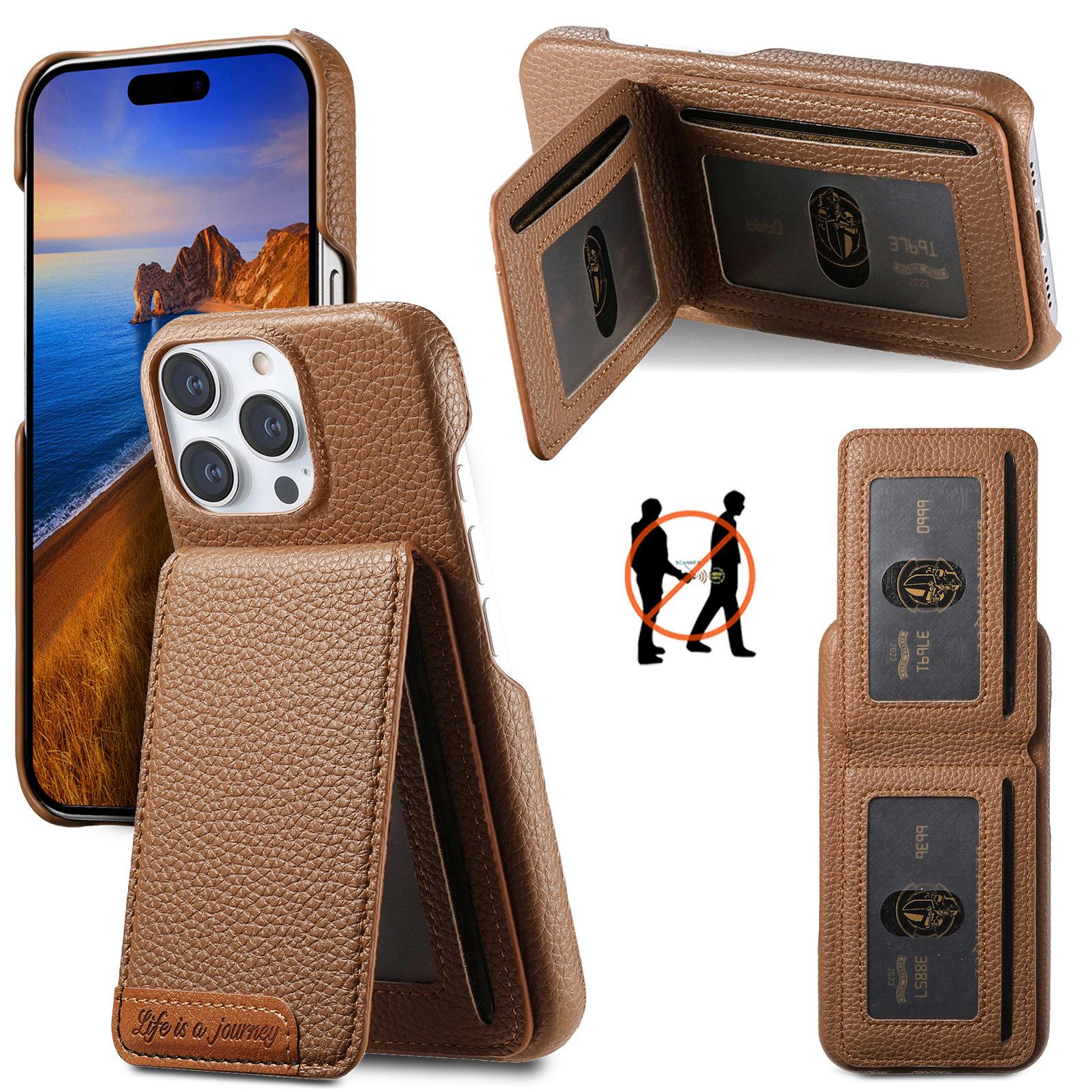 

For iPhone 16 Pro Case RFID Blocking Card Holder Litchi Texture Leather Back Cover Brown