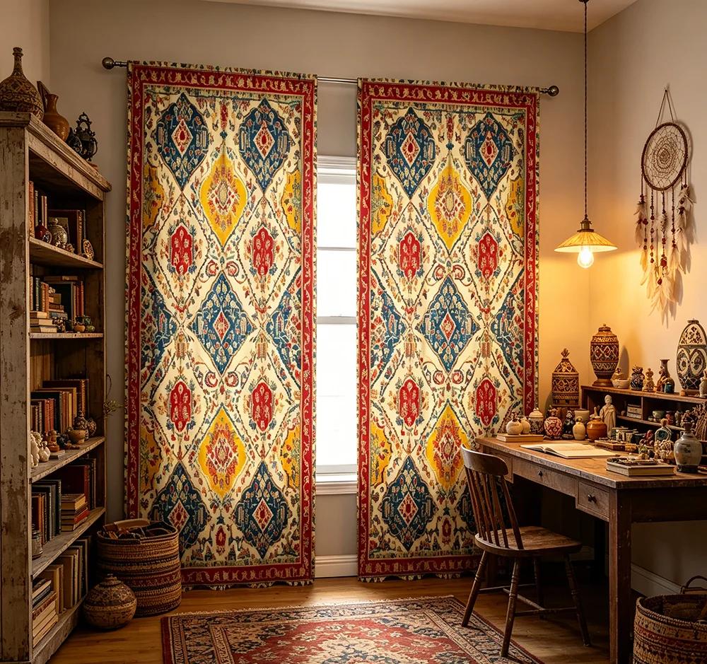 2PCS Digital Printed Curtains, Persian Ethnic Geometric Exotic Tribal, Modern Home Decor Style for Living Room Bedroom Decor