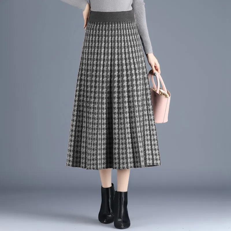 Ethnic Style Houndstooth Knitted Big Swing Skirt Women's Mid-length Autumn and Winter Pleated A-line Woolen Skirt