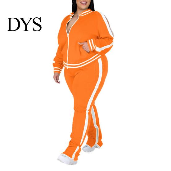 Dames Effen Kleur Casual Outfit 2 Delen/Set Joggingpak Grote Maten Ritssluiting Lange Mouwen Dagelijkse Kleding Tweekleurig Trainingspak met Broek