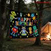 Vibrant Happy Birthday Robot Party Tapestry Wall Decor for Kids Nursery Room Cute Space Robots Comic Art Polyester Hanging Decor
