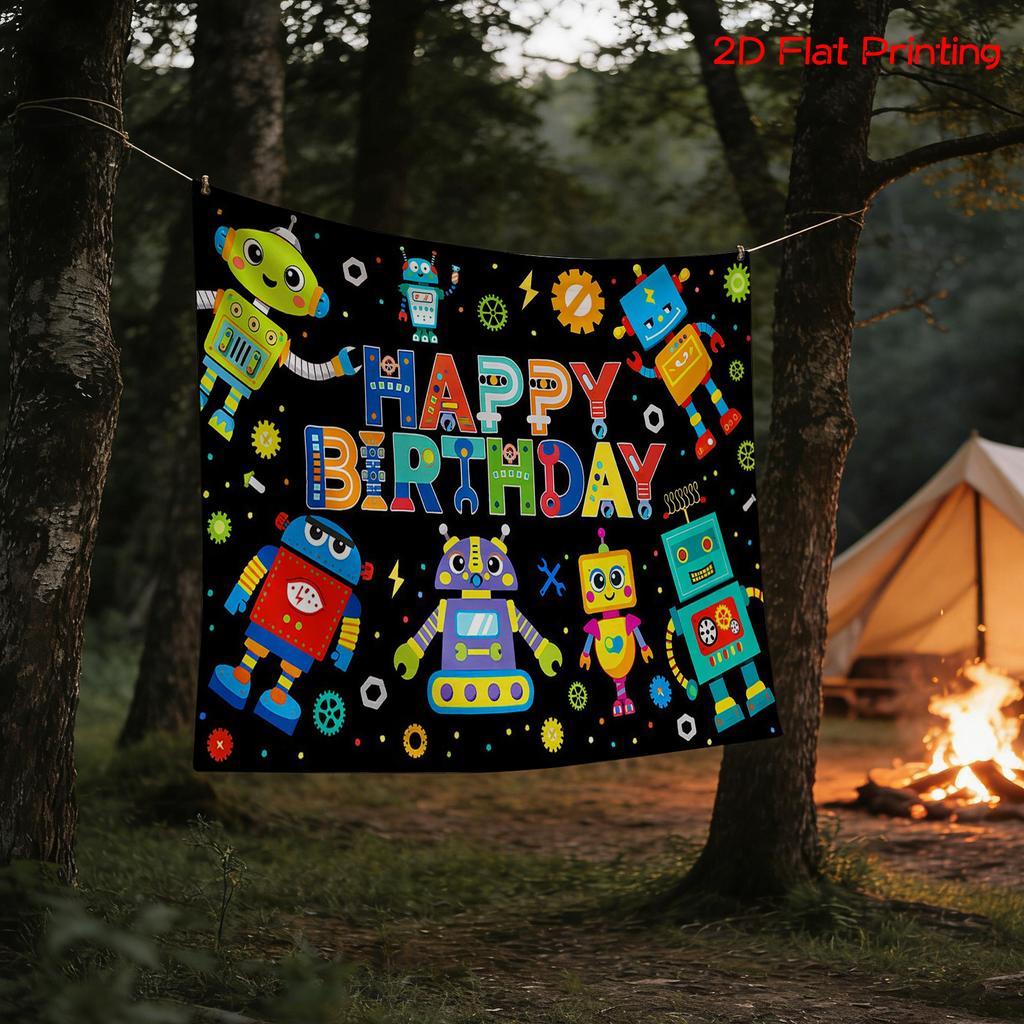 Vibrant Happy Birthday Robot Party Tapestry Wall Decor for Kids Nursery Room Cute Space Robots Comic Art Polyester Hanging Decor