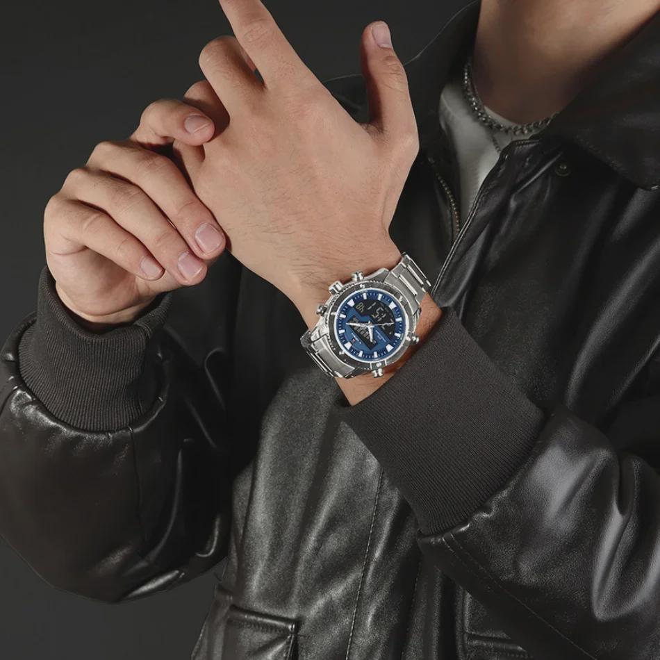 Herrenuhren Doppelanzeige Zeit Multifunktions-Countdown Sport-Alarmmodus Kreative Edelstahluhr Wasserdichte Uhr