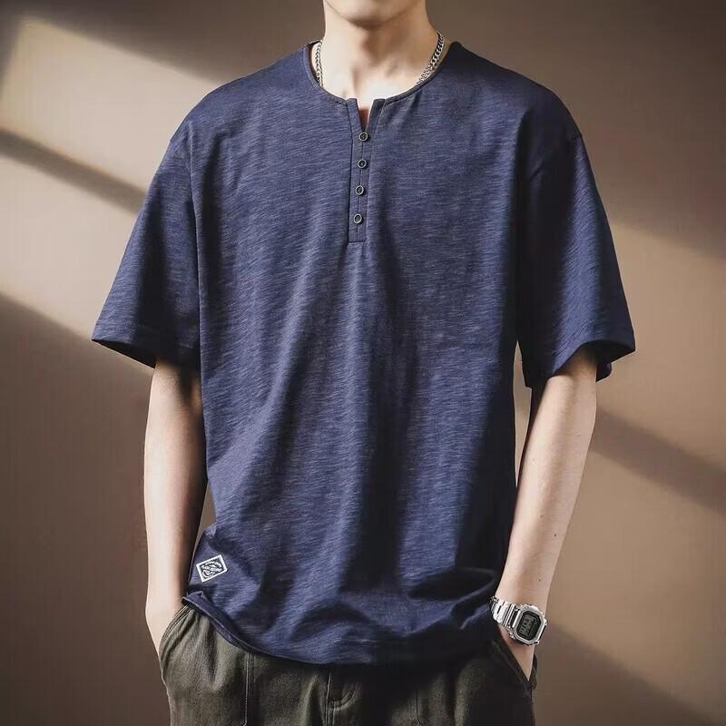 Men s American Retro Slub Cotton Henley T-Shirt L