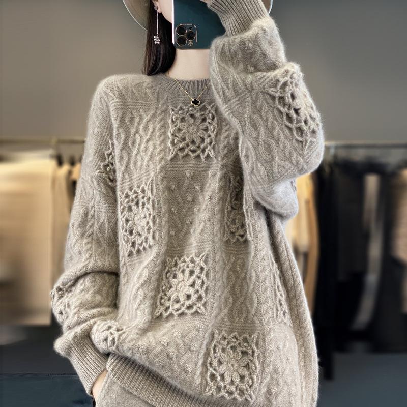 Women's 100% Pure Wool Crochet Loose Round-Neck Sweater - Heavy-Duty Trendy Base Layer