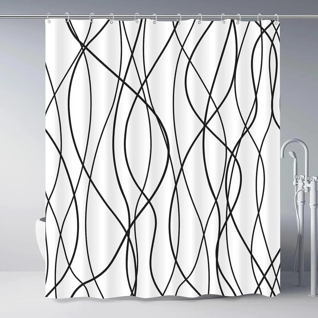 Unframed Modern Black and White Striped Corrugated Fabric Bathroom Shower Curtain,  Gradient Stripe, Bathroom Decorative Shower