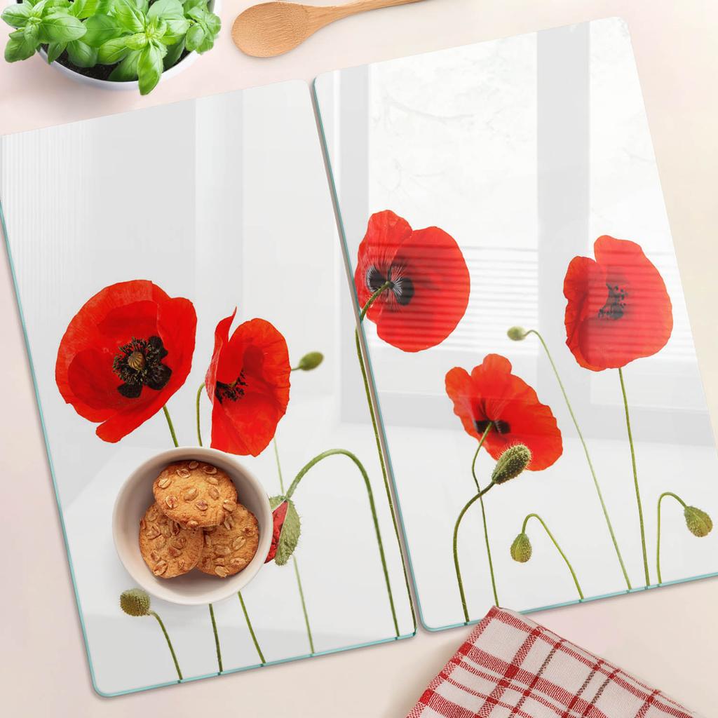Set of Tempered Glass Kitchen Cutting Boards with Poppy Pattern 2X30X52 Cm
