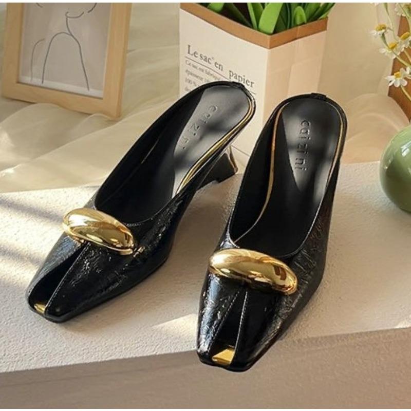 New Leather Elegant Temperament Metal Buckle Fish Mouth Slippers Fashionable Flat Shoes Cool Slippers Summer High Heel Pumps