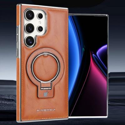 Business Leather for MagSafe Phone Case For Samsung Galaxy S24 Ultra S23 Plus Luxury Magnetic Metal Ring Holder Lens Protection Shockproof Hard Cover