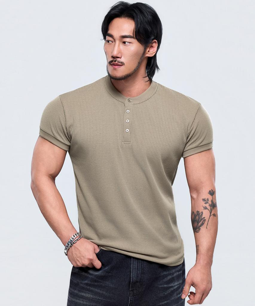 Pijikeolgameoncheu P2639 Henley Neck Muscle Fit Ribbed Short Sleeve [3 Colors]