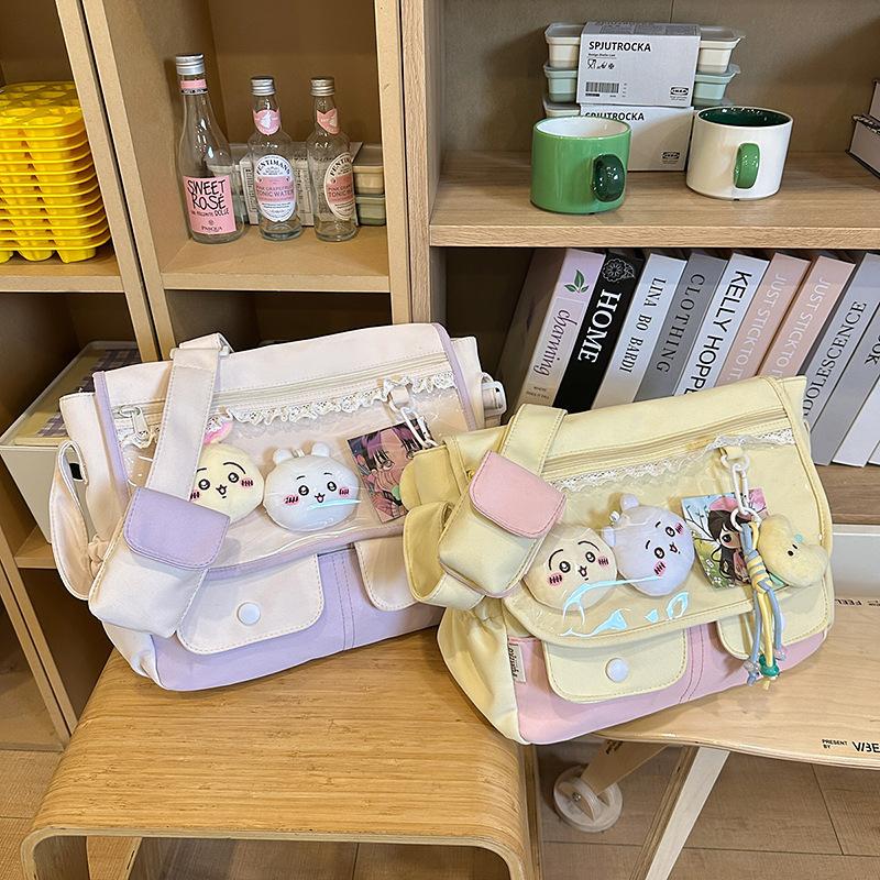 Japanese color-blocking crossbody bag women's new collegiate style versatile tote bag junior high school students shoulder bag trend in class