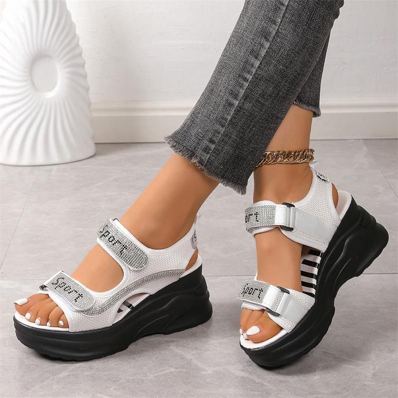 

Large size platform sports sandals women s 2025 summer new Velcro rhinestone casual dad high heel sandals 35 білий