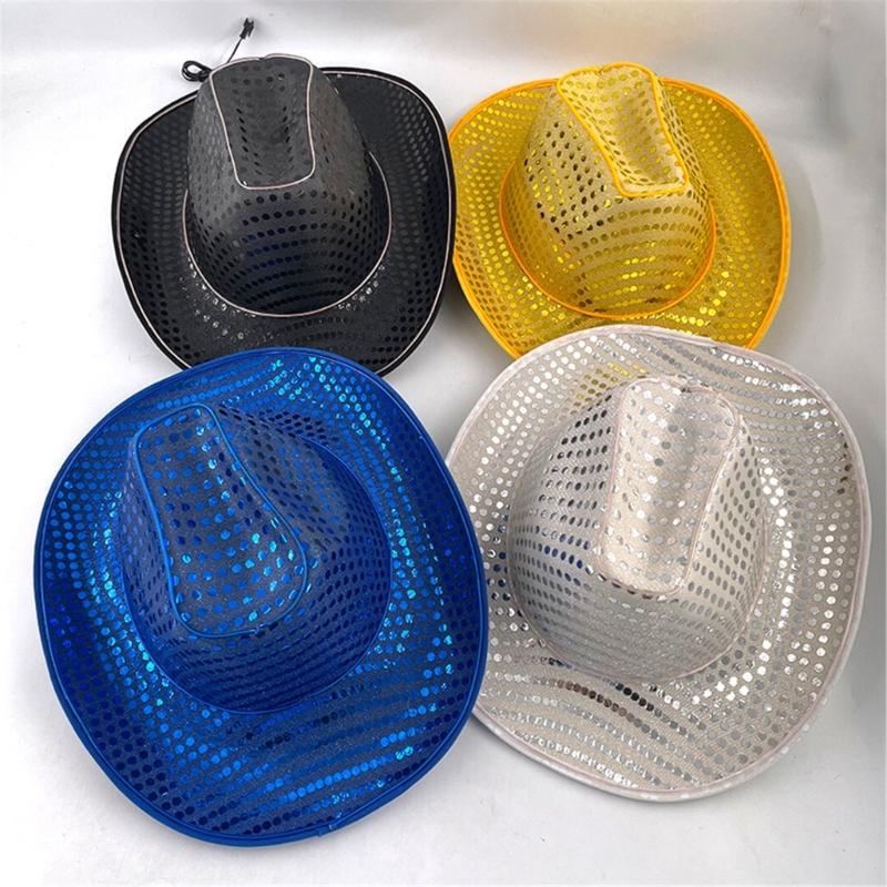 Sparkly Glowing Cowboy Hats Glinting Sequins Panama Hat for Party Halloween