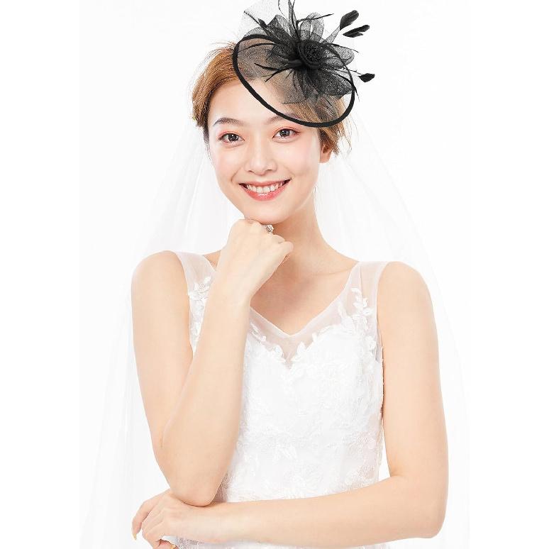 GALPADA Black Mesh Fascinator Hat for Women Vintage Wedding Bride Hat Decoration with Plume Flower Headband, Tea Party and Banquet Special Occasion