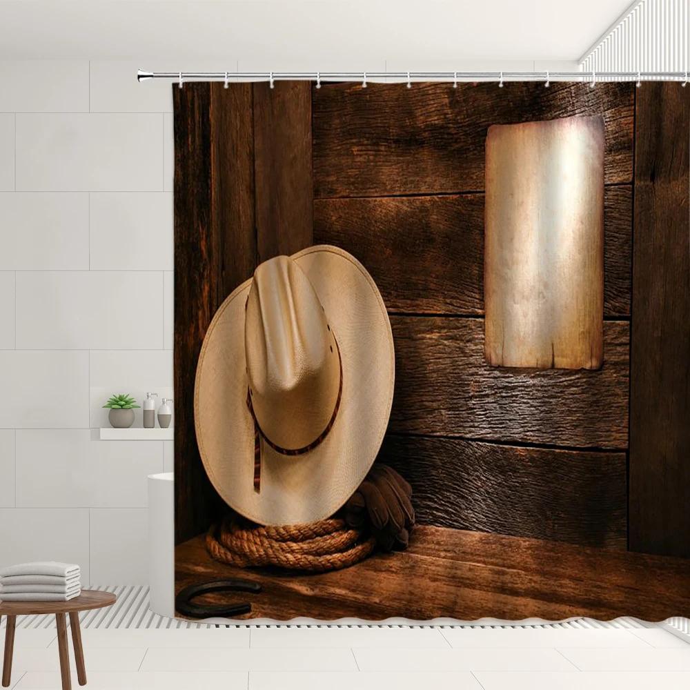 Westlicher Cowboy Duschvorhang Retro Cowboyhut Bauernhofmuster Badezimmer Badewannen Dekoration Wasserdichtes Stoffdisplay Mit Haken