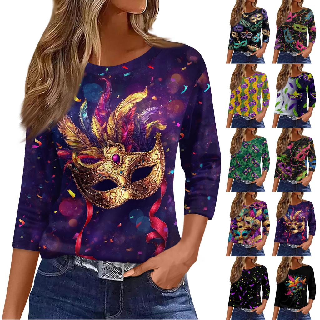 3/4 Length Sleeve Womens Tops Floral Print Vintage Fashion Casual Loose With Round Neck Plus Size Shirts