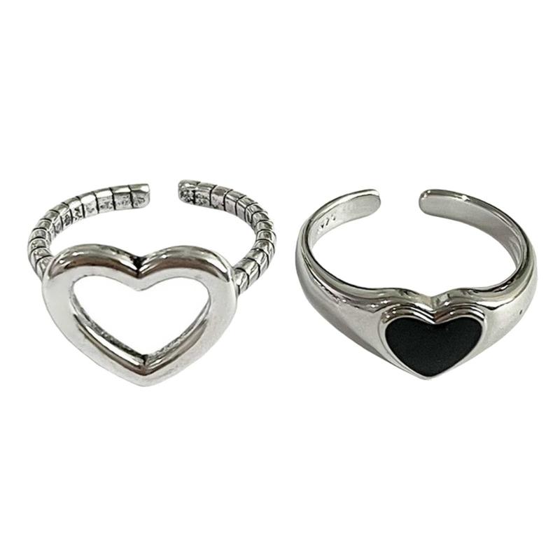 2023 Novel Fashion Simple Heart Vintage Hollow Love Ring Adjustable Opening Fashion Black Drop Oil Ring Girl Jewelry 1
